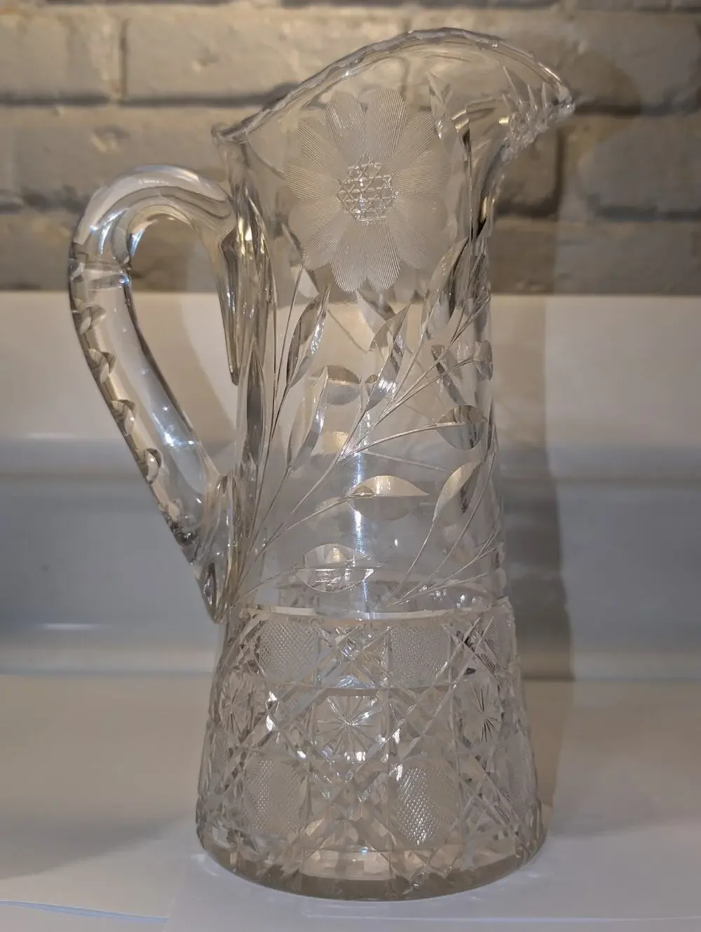 Antique American Brilliant Period Cut Water Pitcher Etched Daisy Diamond 11.5